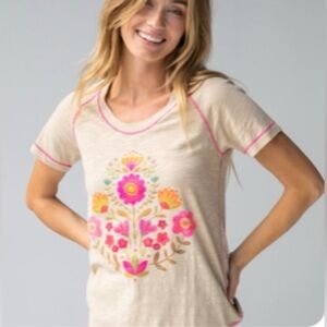 NATURAL LIFE Boho Cotton Tee Shirt - Cream-Folk Flower, Size Medium